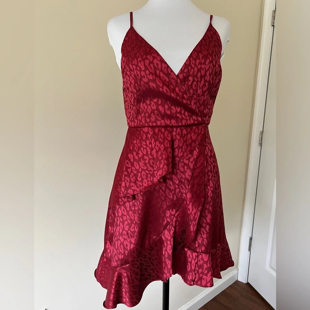 Altar’d State Size S Maroon Animal Print Mini Dress Satin Tiered New